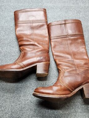 Frye Womens 9 Brown Leather Mid Calf Boots Stacked Heel Western
